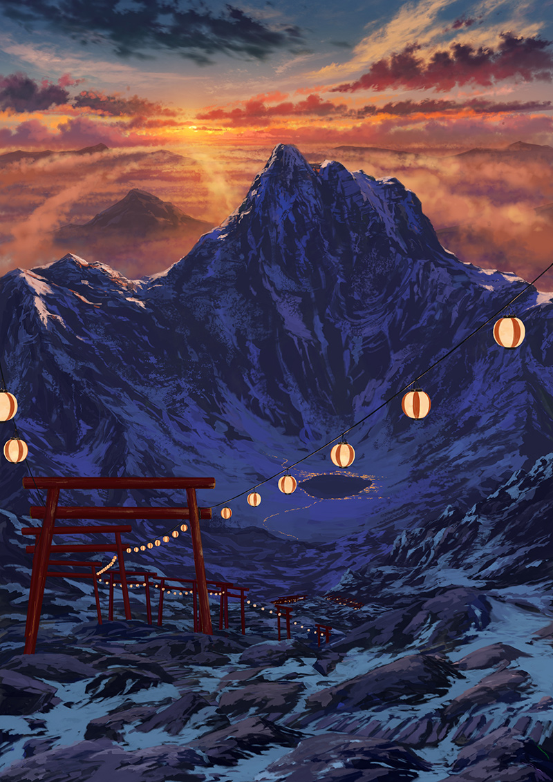 夕焼けと雪山の幻想的な風景と提灯の柔らかい光の描き方を解説 Tasogare Ya Illustration Institute